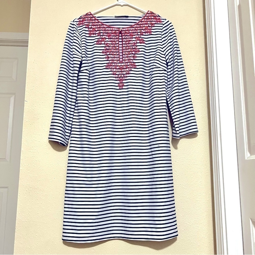 CABANA LIFE X TALBOTS embroidered Catalina cloth slinky dress Navy stripes S